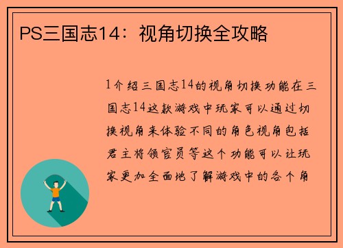 PS三国志14：视角切换全攻略